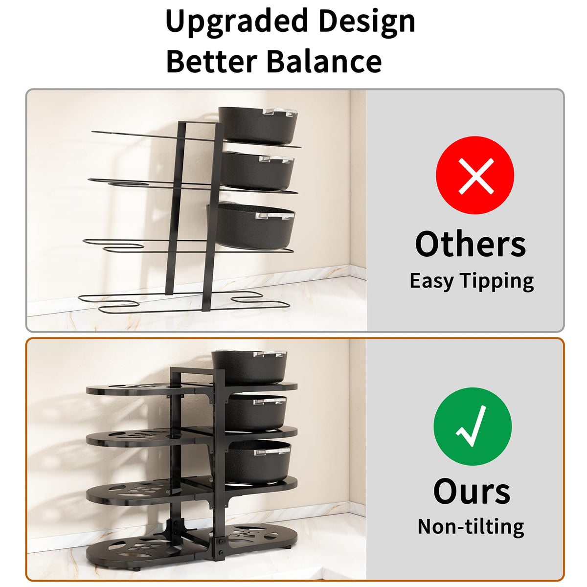 Fovkdcvw height-adjustable tiers enable customized cookware organization.