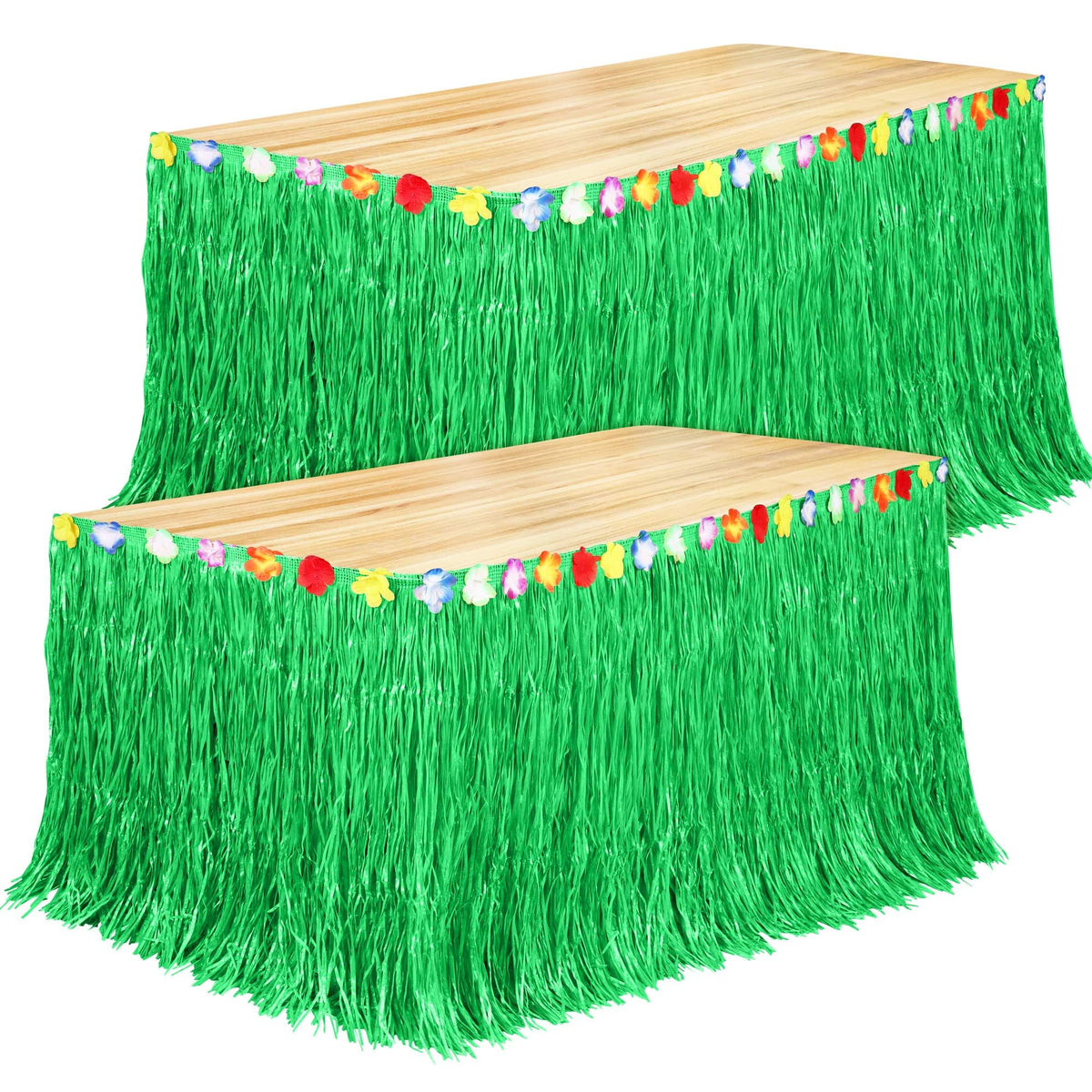 Fovths Luau grass table skirt close-up showing natural weave and reusable design.