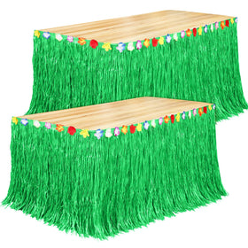 Fovths Luau grass table skirt close-up showing natural weave and reusable design.
