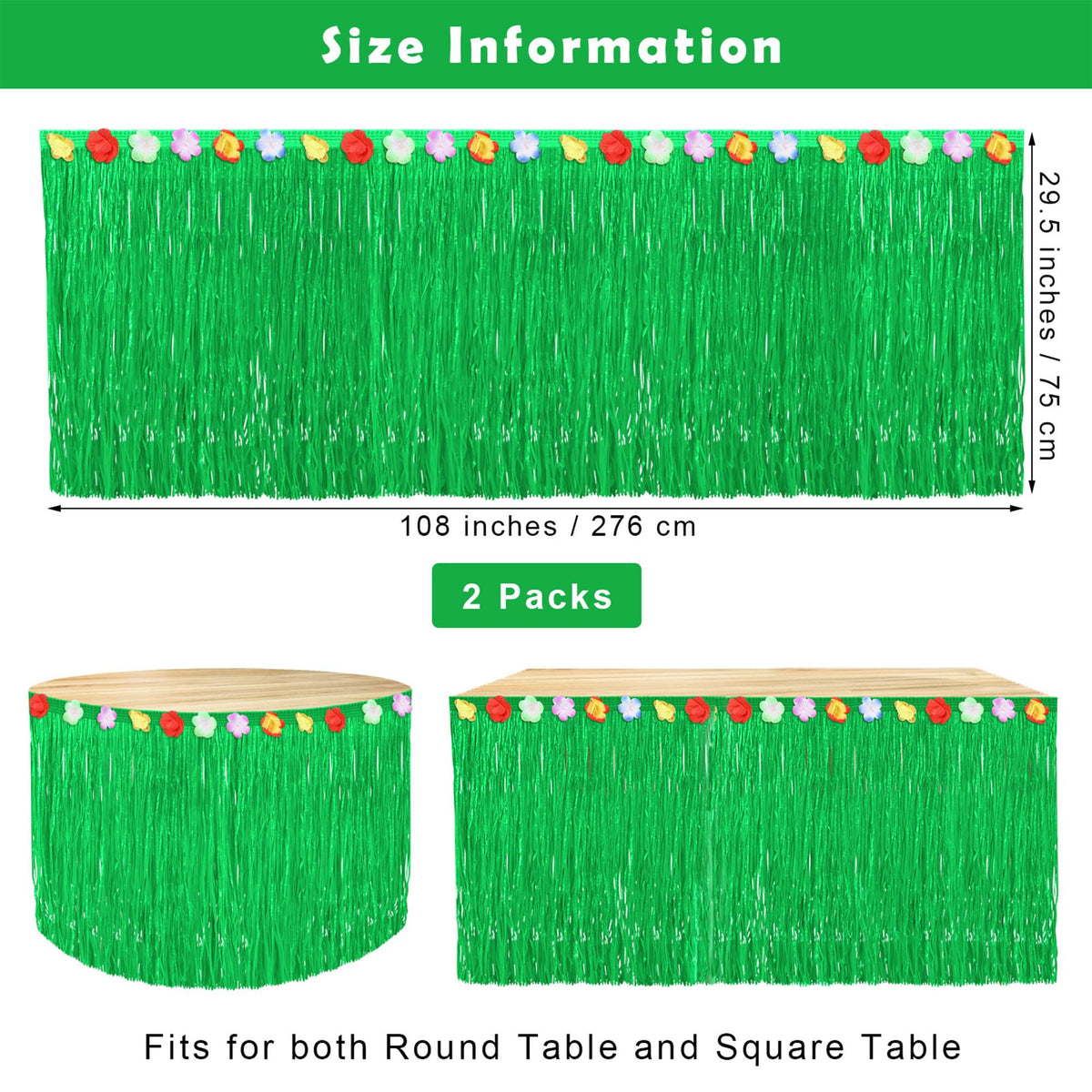 Fovths Luau grass table skirt attached around a round table with adhesive tapes.