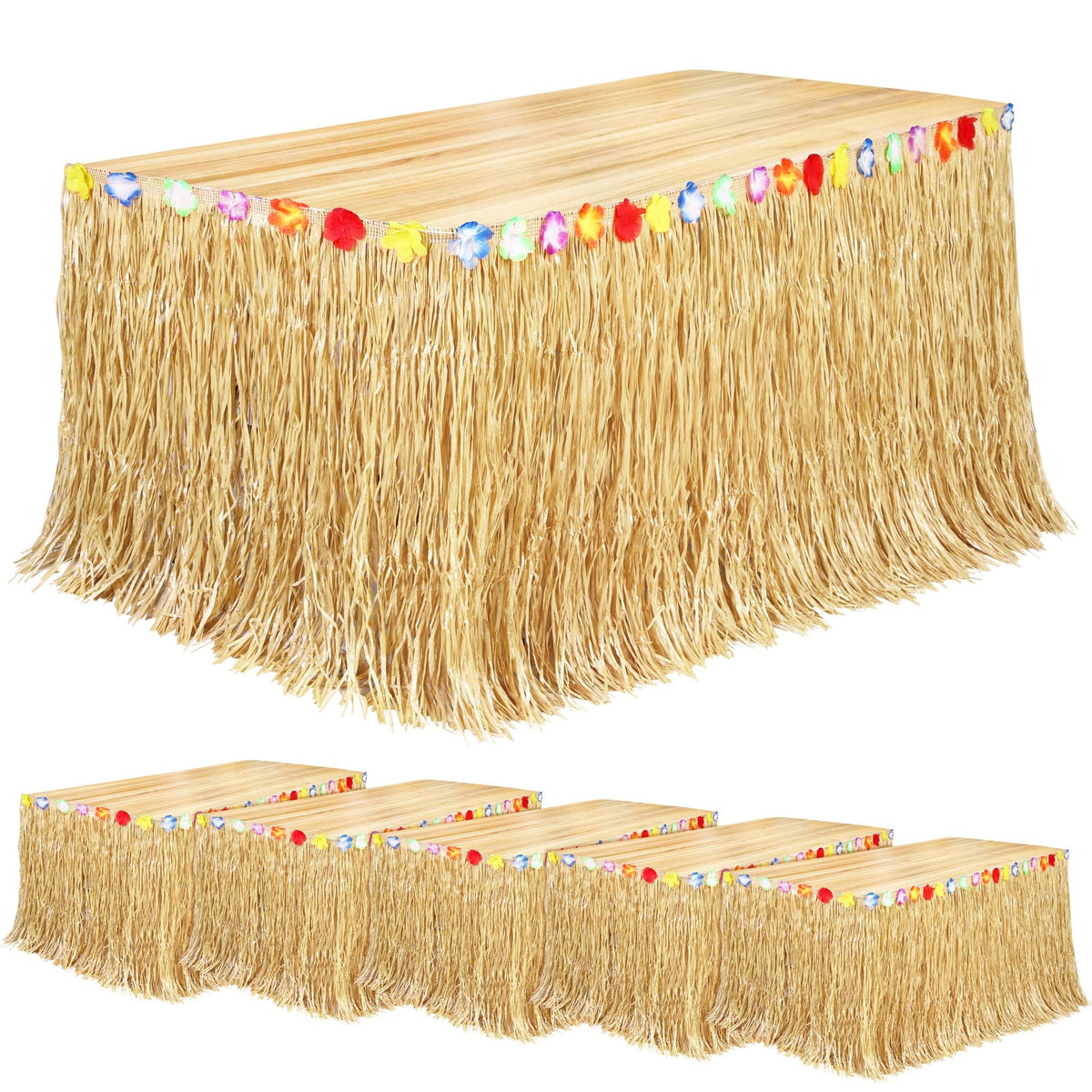 Fovths luau grass table skirt natural around a table for tropical party decor.