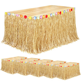 Fovths luau grass table skirt natural around a table for tropical party decor.