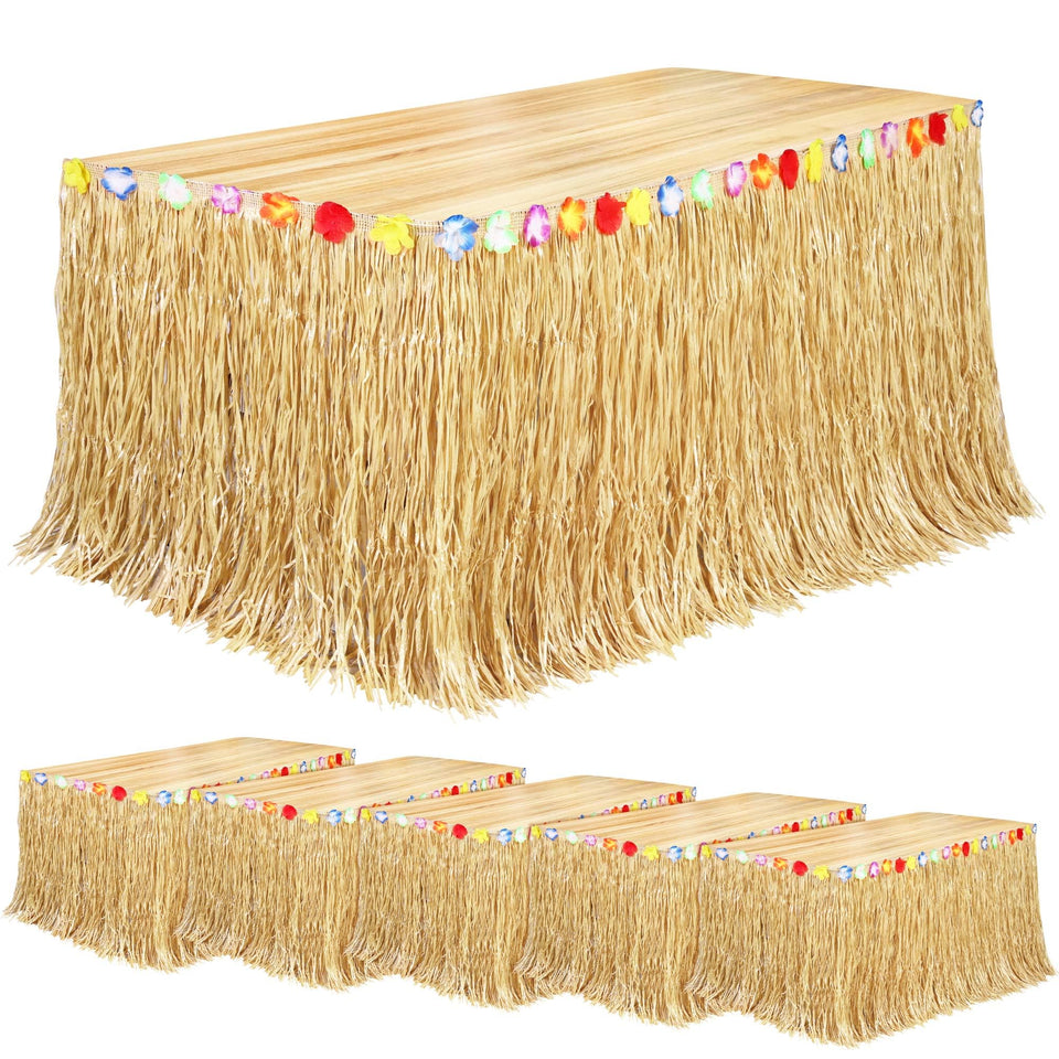 Fovths luau grass table skirt natural around a table for tropical party decor.