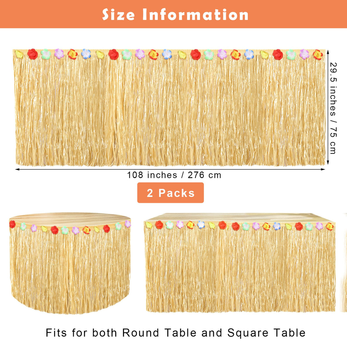 Fovths Luau grass table skirt close-up shows durable polyester material