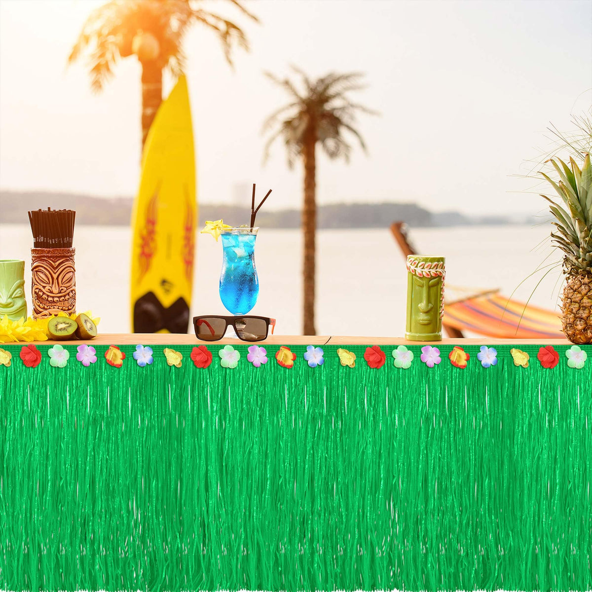 Fovths waterproof grass skirt keeps party tables clean and vibrant.