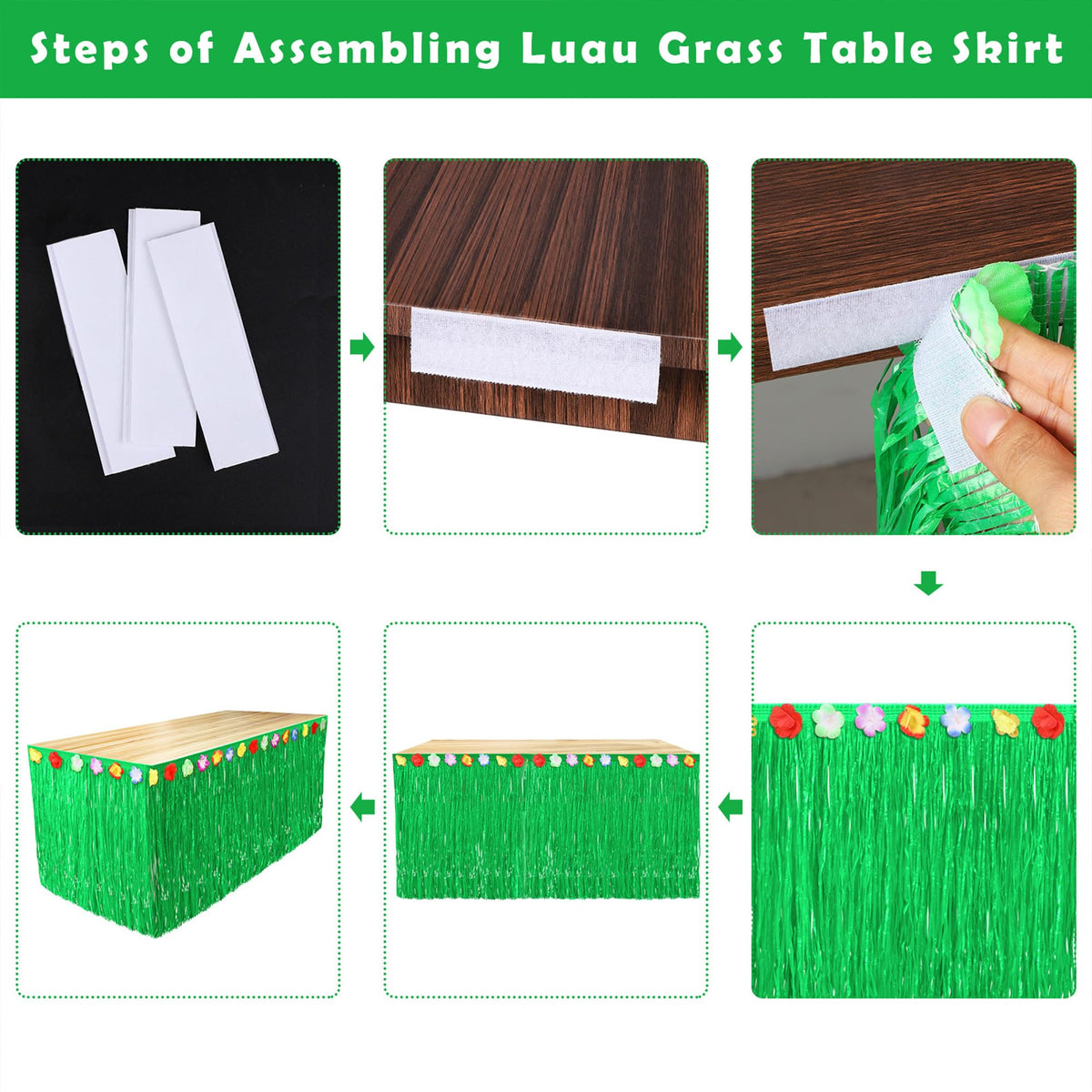 Fovths Luau grass skirt wrapped around table for tropical party vibe.