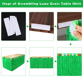 Fovths Luau grass skirt wrapped around table for tropical party vibe.