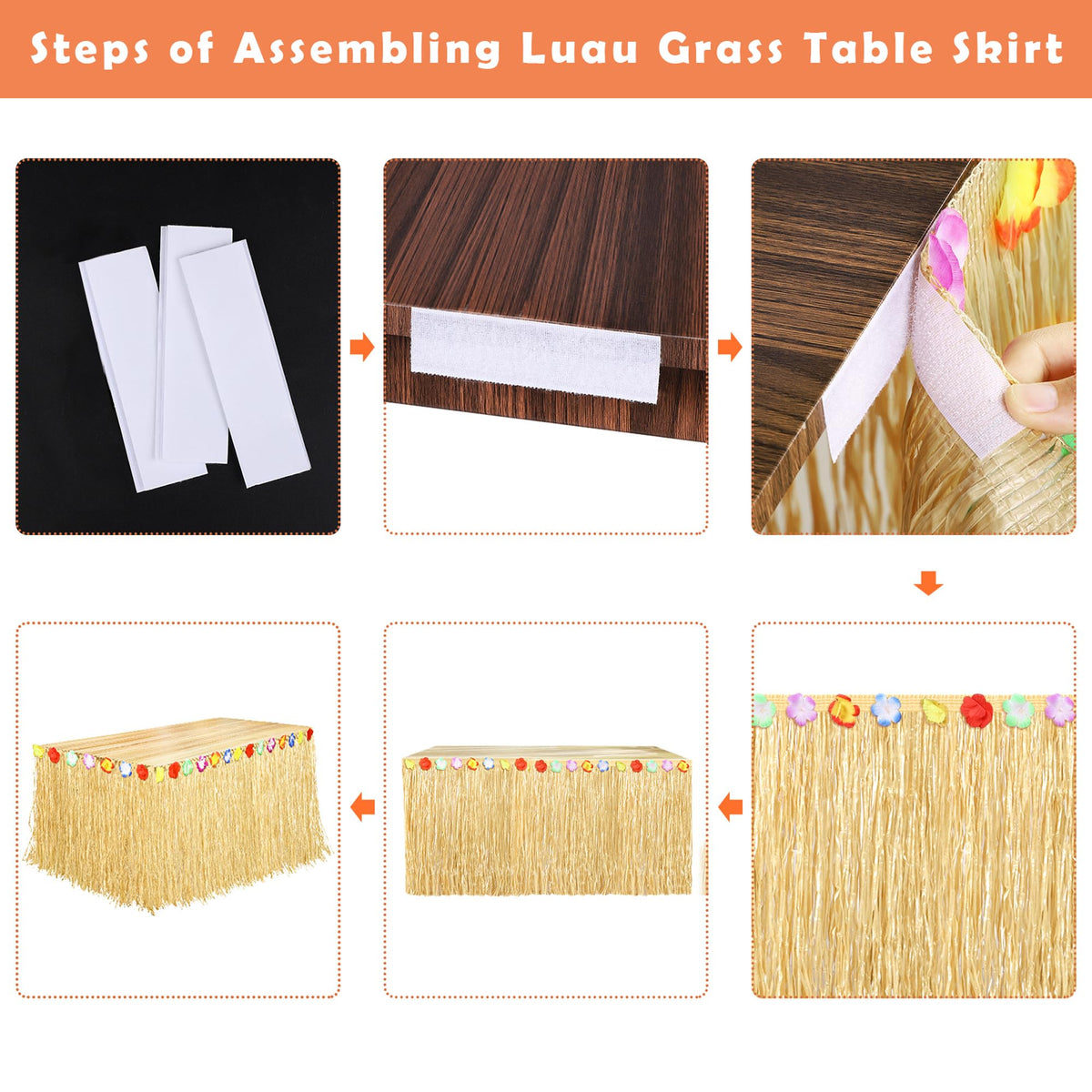 Fovths luau table skirt wrapping around rectangular and round tables.