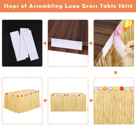 Fovths luau table skirt wrapping around rectangular and round tables.