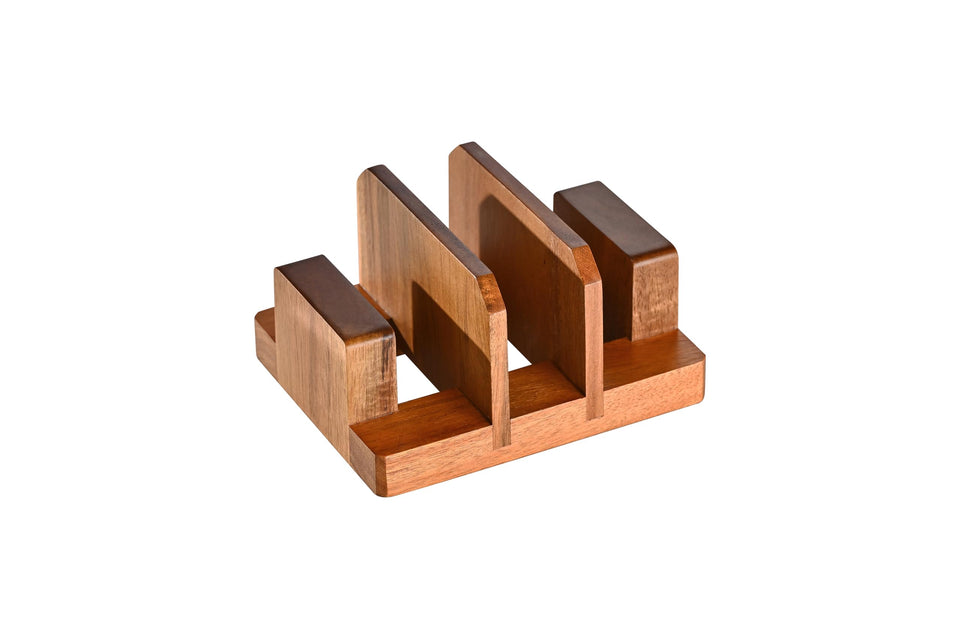 Fox Run cutting board stand with three slots keeps boards organized on the counter.