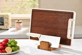 Fox Run stand holds pot lids and baking sheets for quick access.
