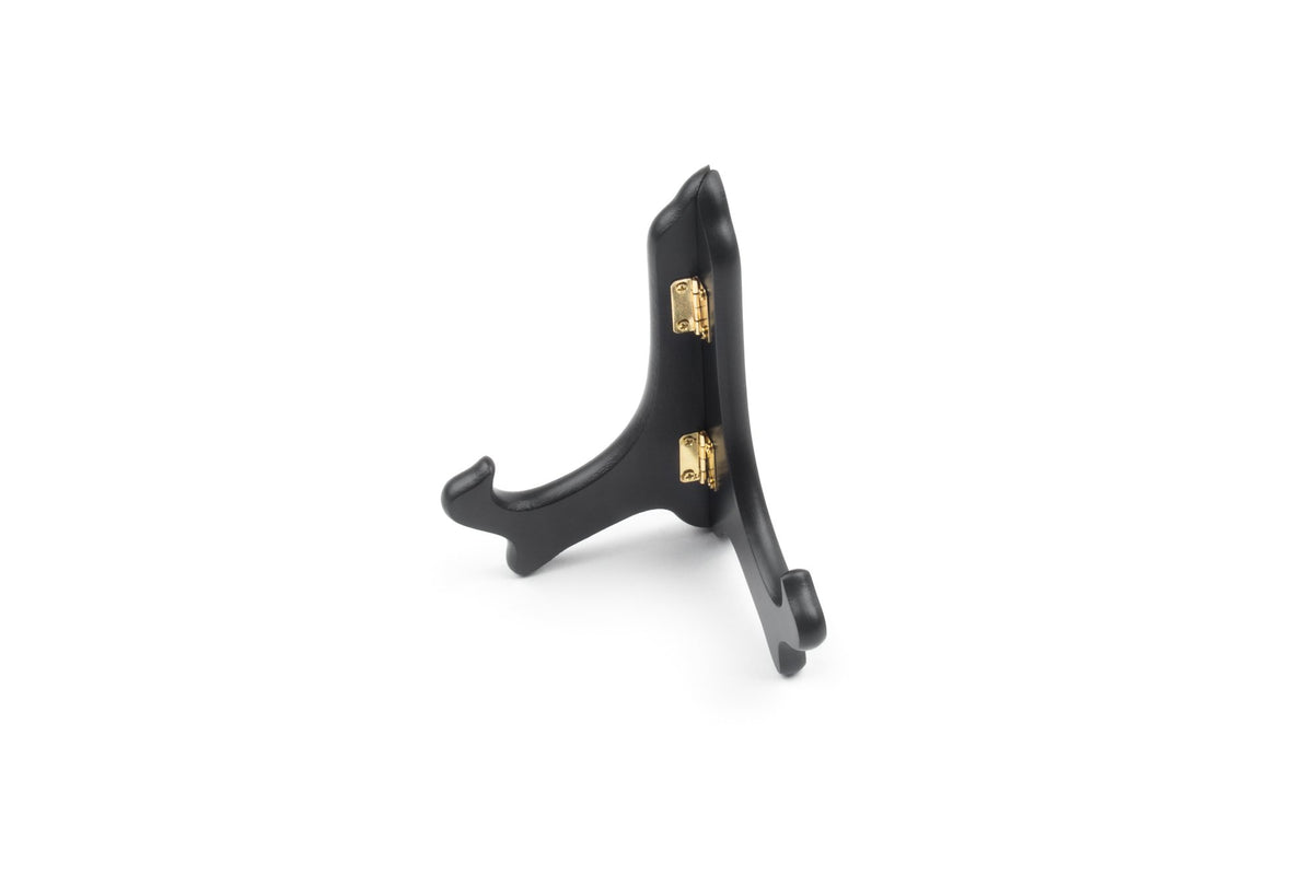 Fox Run black plate stand in wood holds a 6-inch plate with a stylish gold latch.