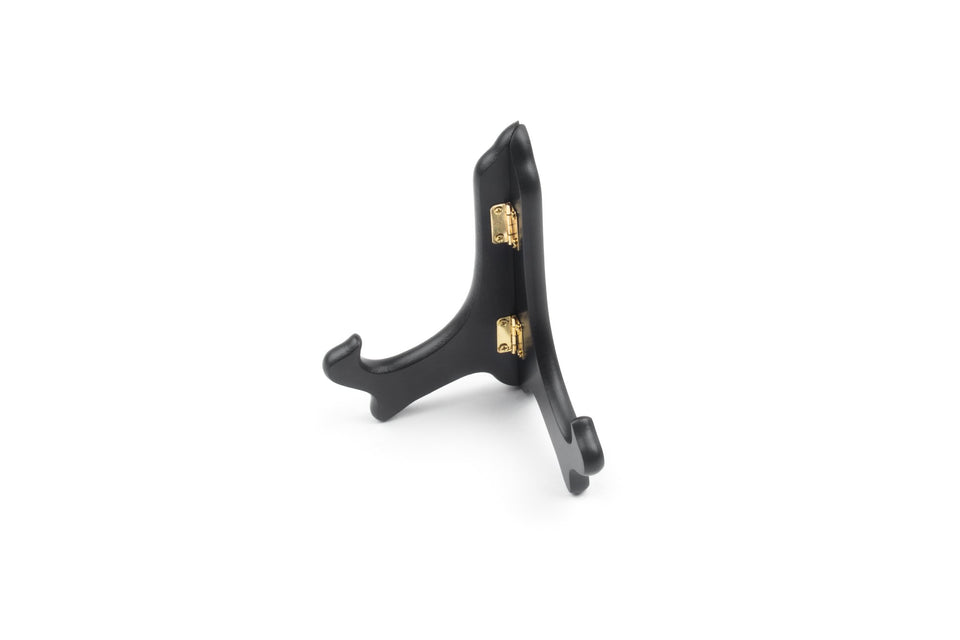 Fox Run black plate stand in wood holds a 6-inch plate with a stylish gold latch.
