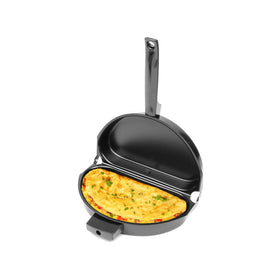 Fox Run folding omelette pan closed, showing dual-sided design for convenient omelette folding