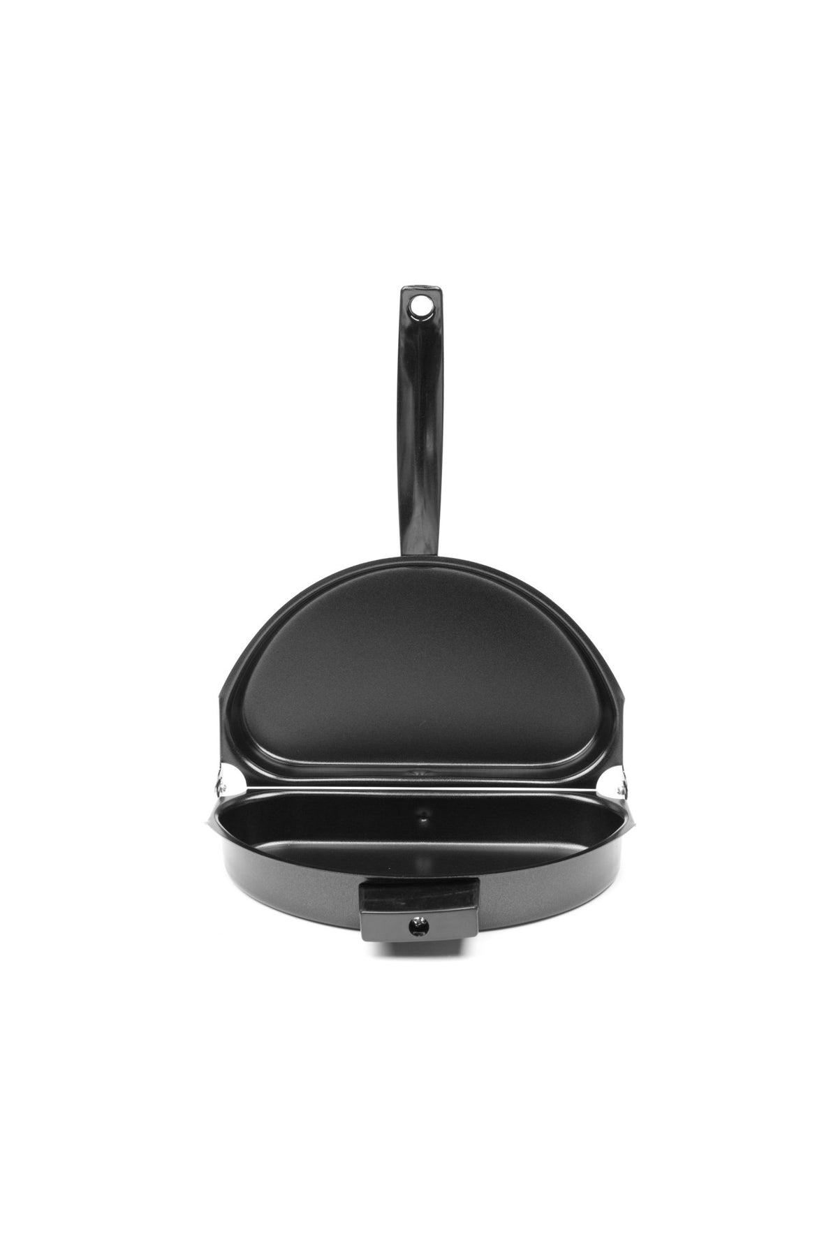 Fox Run folding omelette pan open, demonstrating two cooking surfaces for versatility