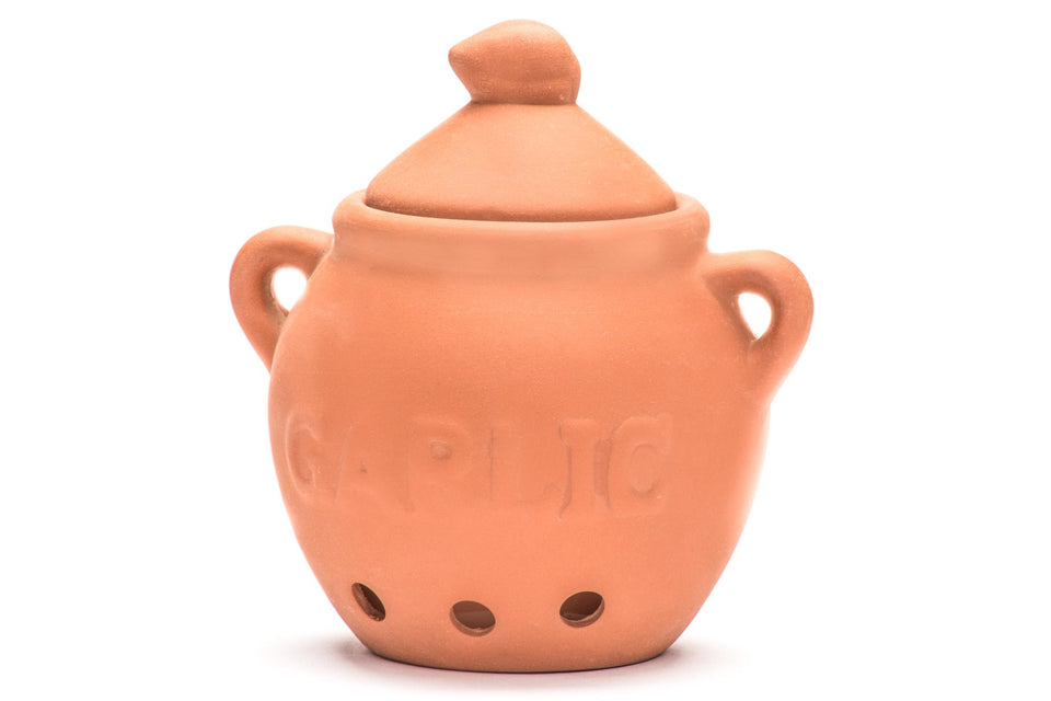 Fox Run garlic keeper Terra Cotta Red close-up shows breathable clay design for garlic