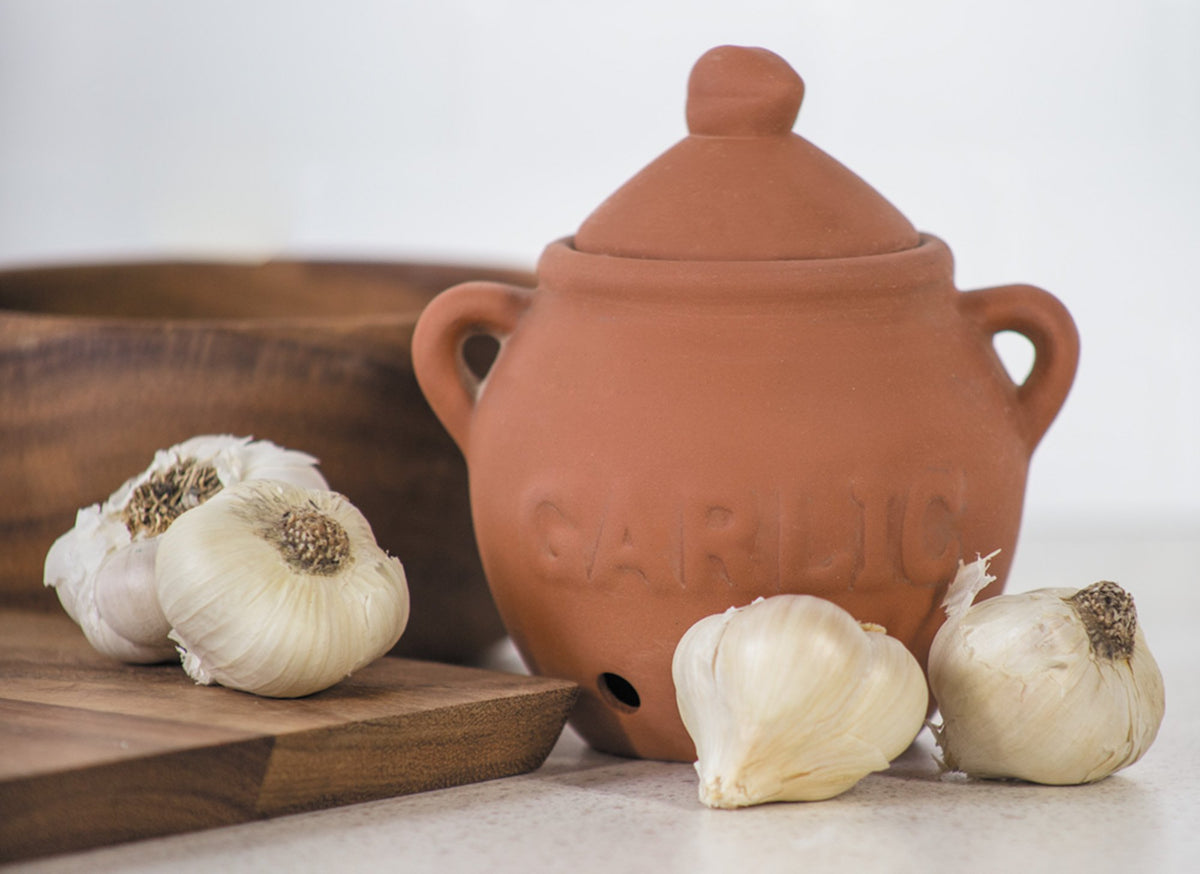 Fox Run garlic keeper Terra Cotta Red front view highlights sturdy, decorative storage