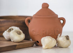 Fox Run garlic keeper Terra Cotta Red front view highlights sturdy, decorative storage