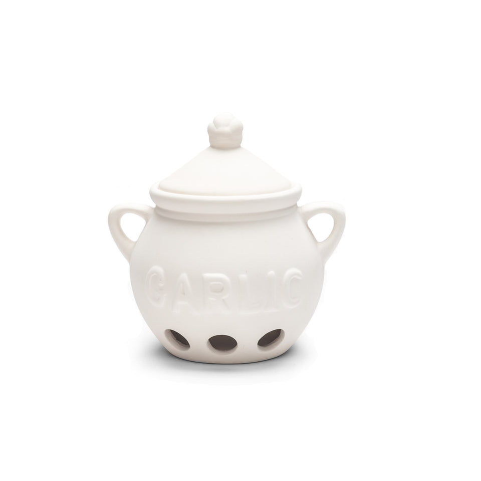 Fox Run Garlic Keeper in white ceramic with front view for easy access