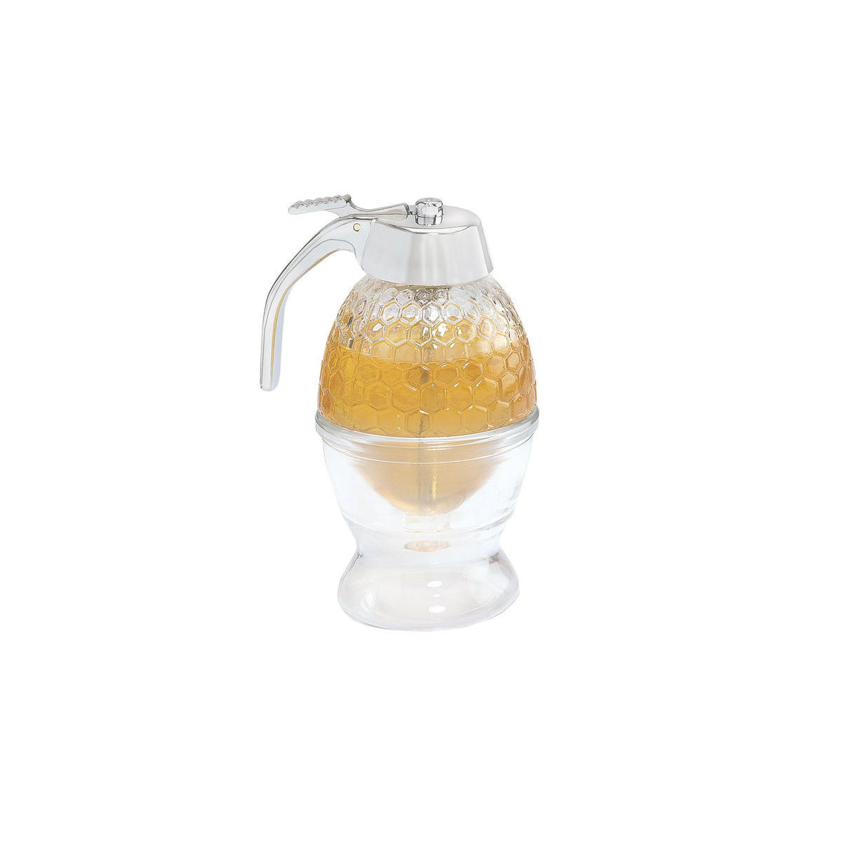 Fox Run glass honey-syrup dispenser with honeycomb-pattern jar for clean pours.