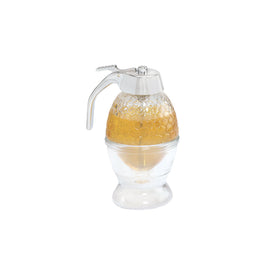 Fox Run glass honey-syrup dispenser with honeycomb-pattern jar for clean pours.
