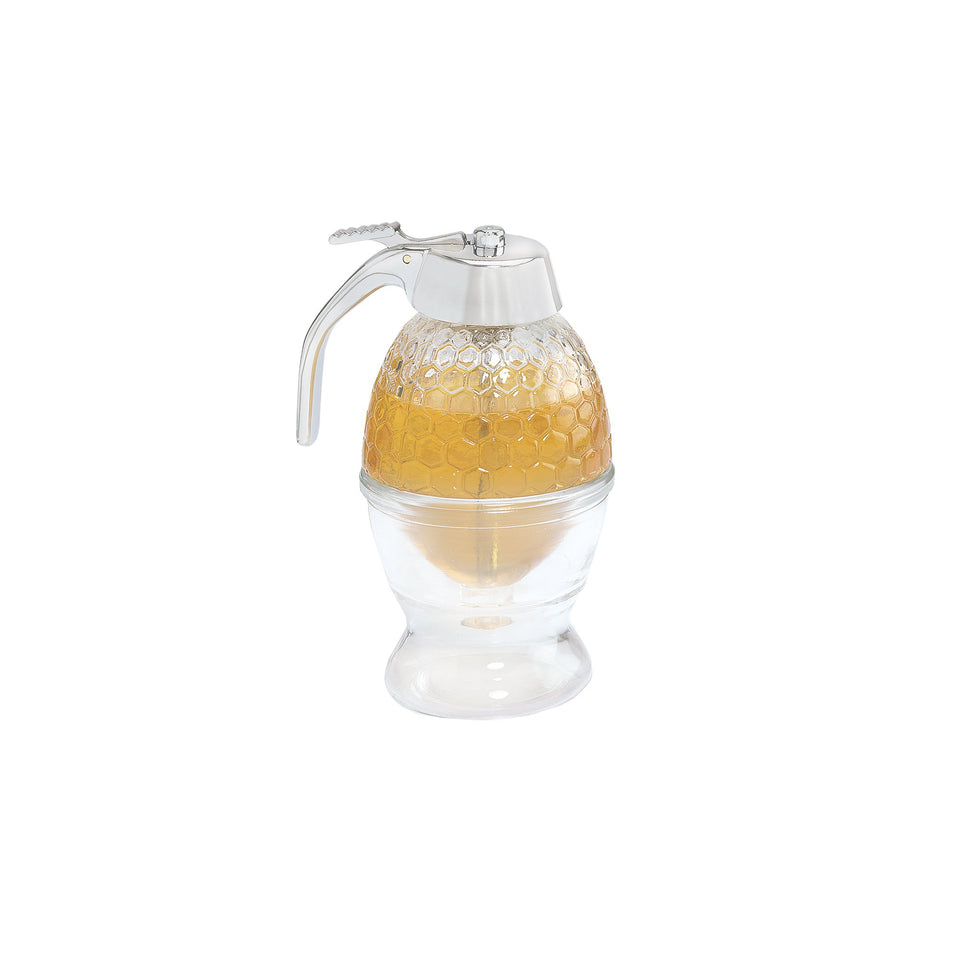 Fox Run glass honey-syrup dispenser with honeycomb-pattern jar for clean pours.