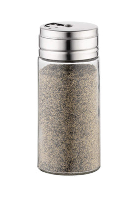 Fox Run glass spice jar with stainless lid shows clear content visibility for quick seasoning.