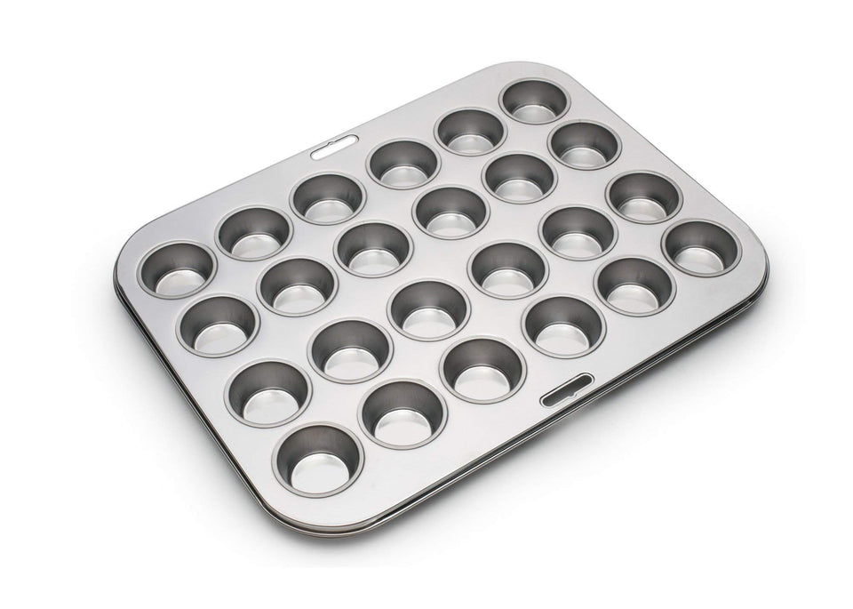 Fox Run mini muffin pan with 24 cups, top view, ideal for batch baking.