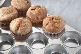 Fox Run 12-cup muffin pan close-up reveals rust-resistant stainless steel.