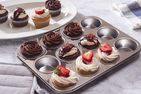 Fox Run 12-cup pan flat lay ideal for batch cupcakes or muffins.