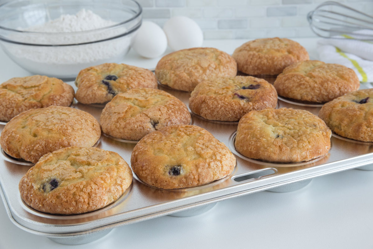 Fox Run muffin pan in oven emphasizes even heat transfer for evenly browned treats.