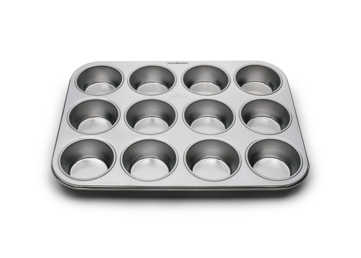 Fox Run 12-cup muffin pan top view shows durable stainless bakeware for muffins.