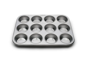 Fox Run 12-cup muffin pan top view shows durable stainless bakeware for muffins.