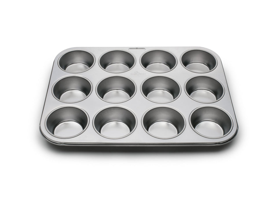 Fox Run 12-cup muffin pan top view shows durable stainless bakeware for muffins.