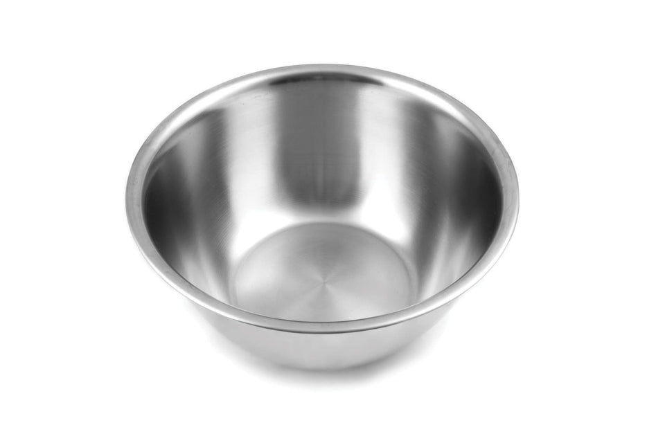 Fox Run stainless steel large mixing bowl exterior view for sturdy prep.