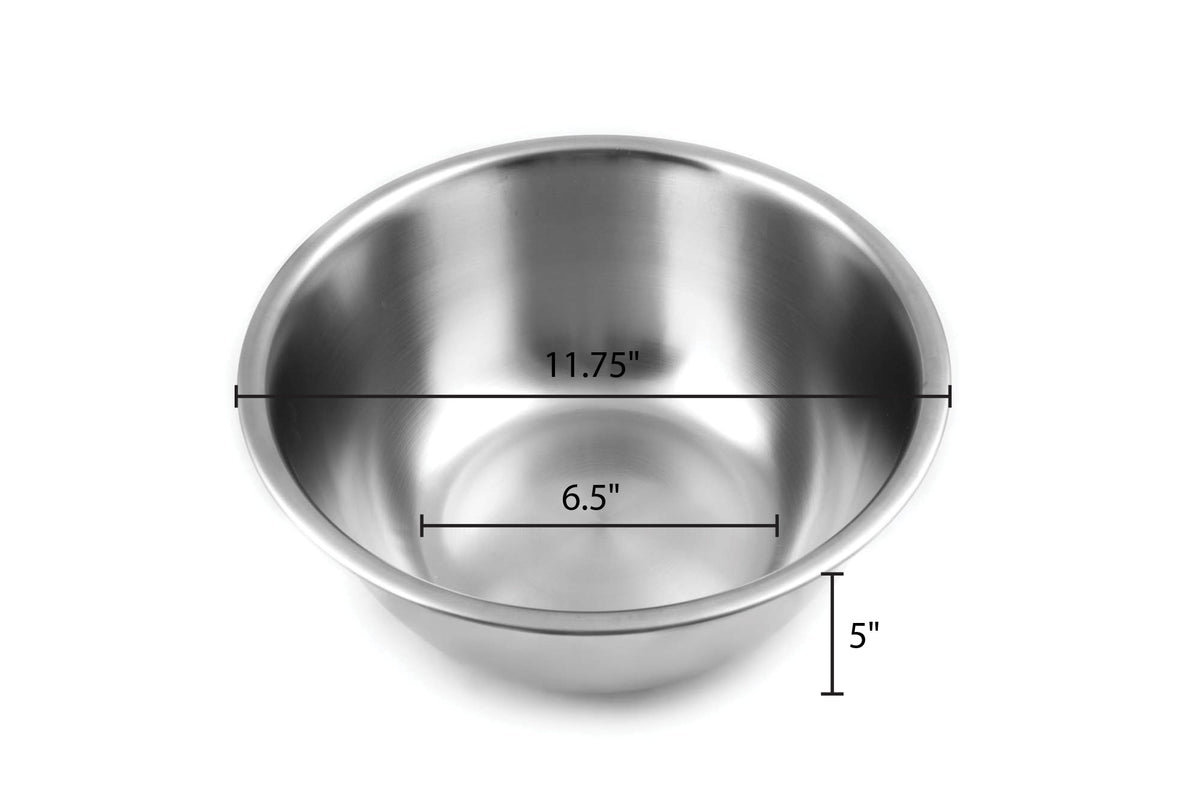 Fox Run stainless steel bowl; dishwasher-safe for quick cleanup after cooking.