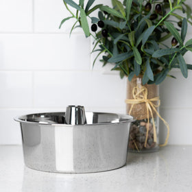 Fox Run stainless steel tube cake pan provides even heat for consistent baking.
