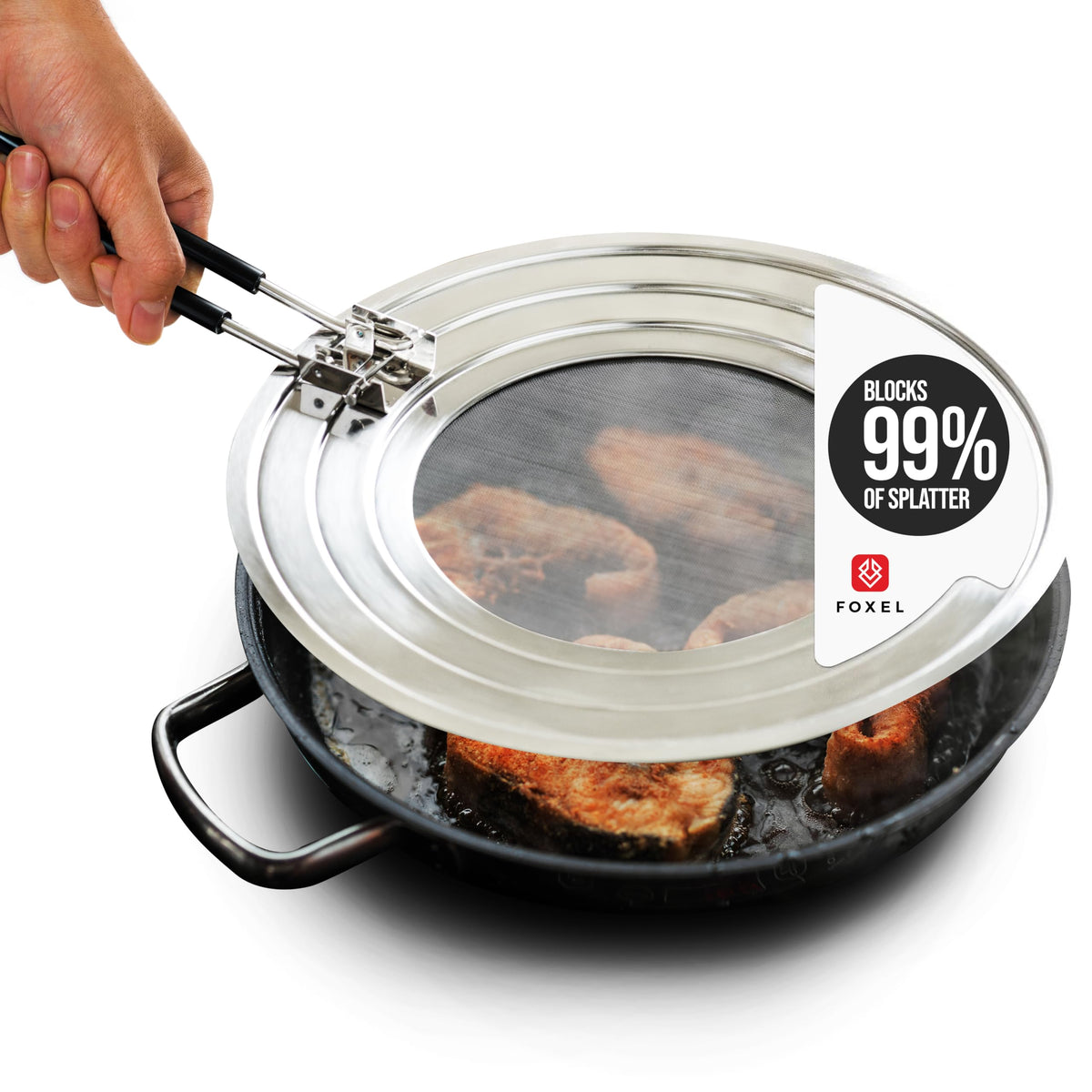 FOXEL dishwasher-safe splatter screen guard protecting stove while frying