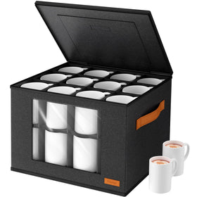 Foyego 2-layer mug storage box with dividers showing organized interior for up to 24 cups.
