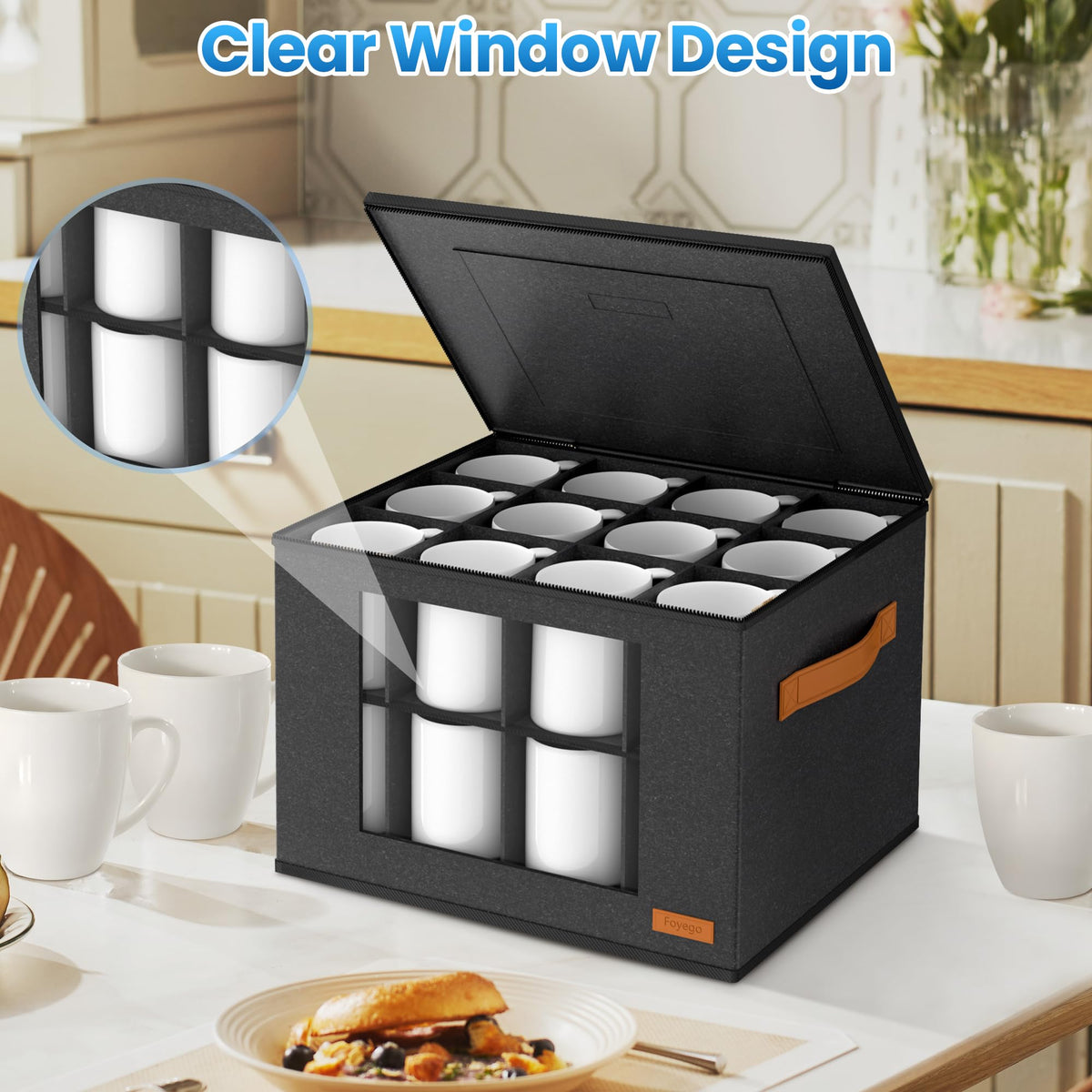 Foyego mug storage with visible PVC window for quick access.