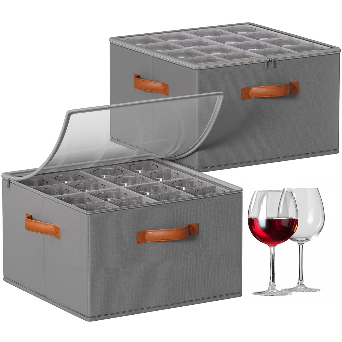 Foyego wine glass storage box with dividers clear lid shows organized contents