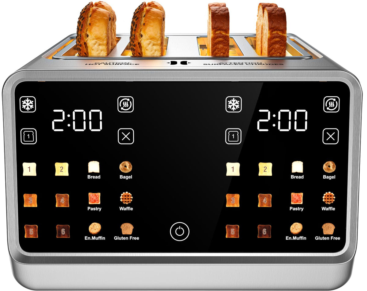 Foyoconven 4-slice wide-slot toaster handles thick breads for even browning.