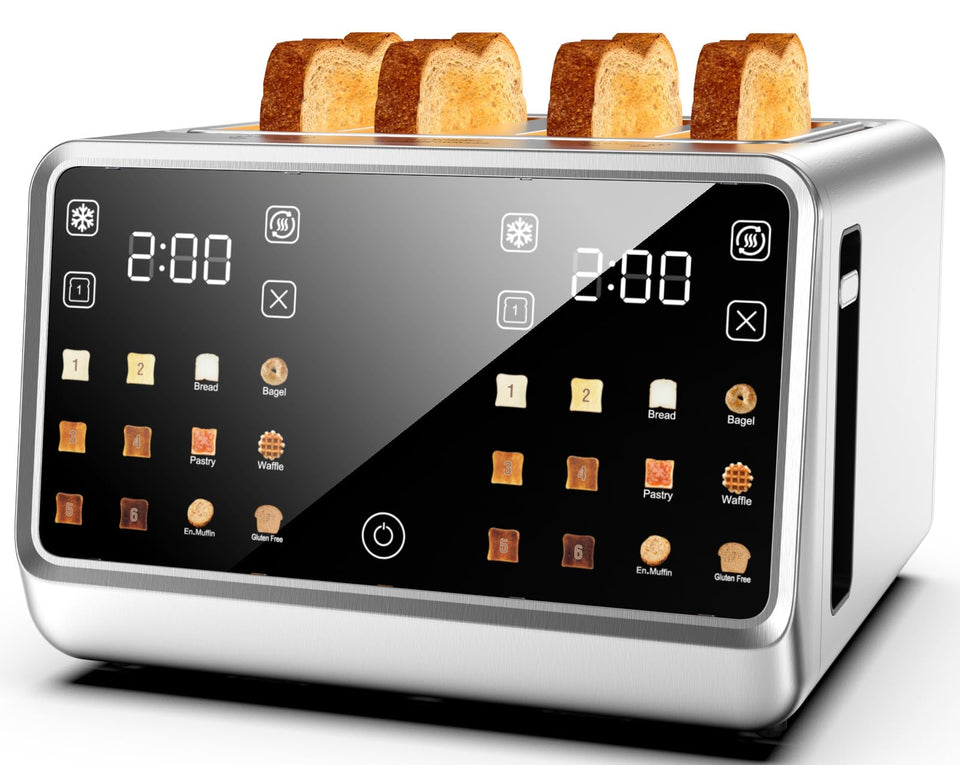Foyoconven 4-Slice Toaster front view with dual digital panels for simultaneous toasting.