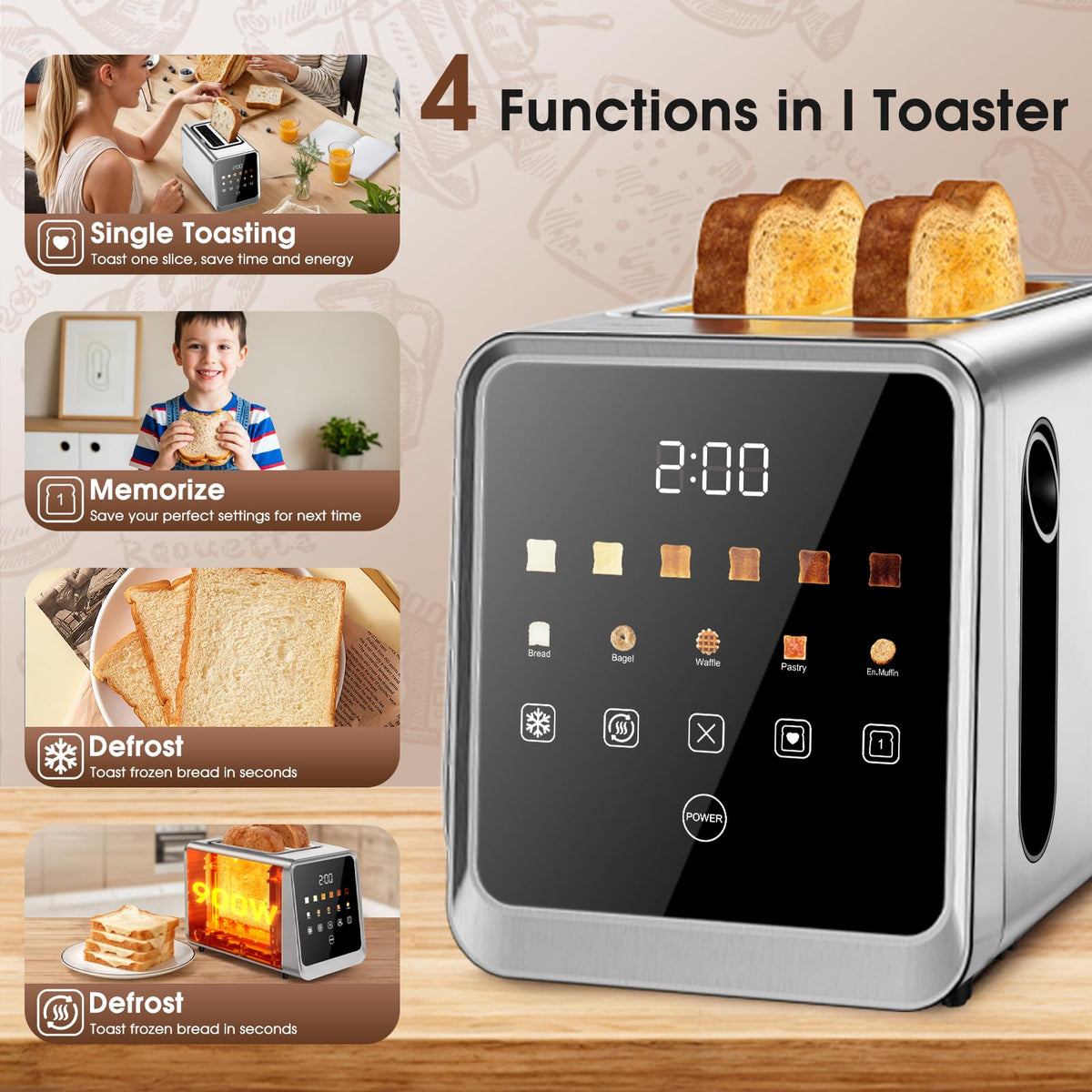 Foyoconven wide-slot toaster accommodates thick breads without compression.
