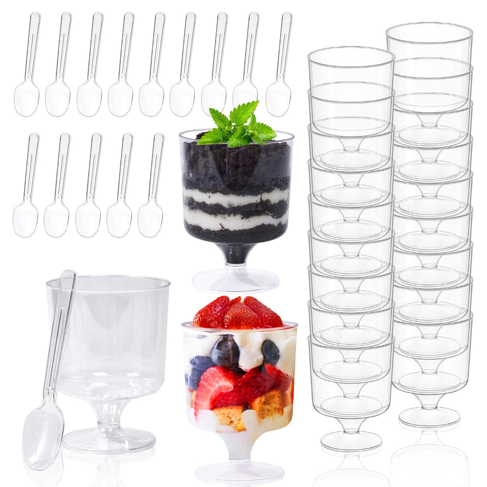 Fracurs 5 oz clear goblet cups displaying layered desserts