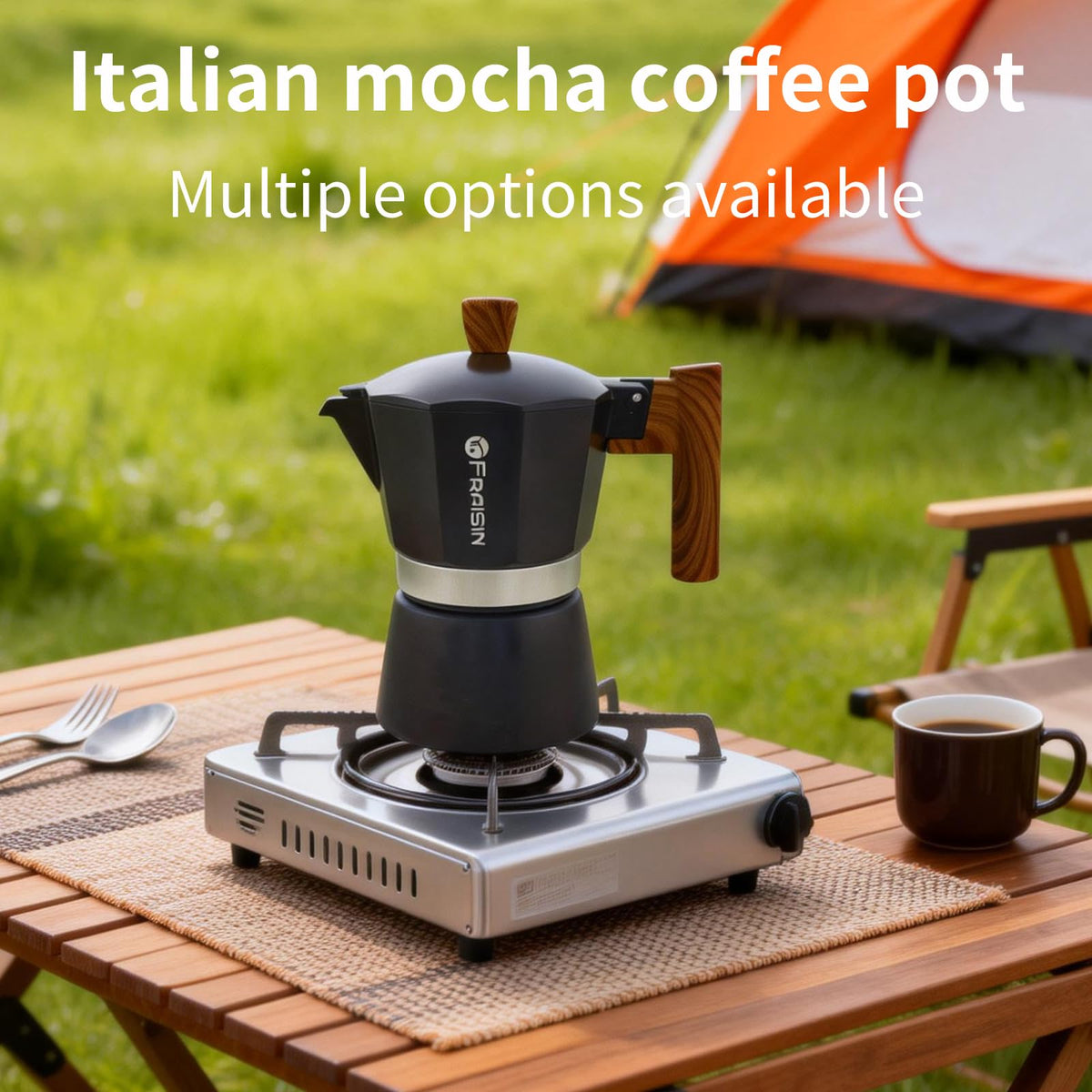 FRAISIN moka pot with wood-grain handle for safe handling