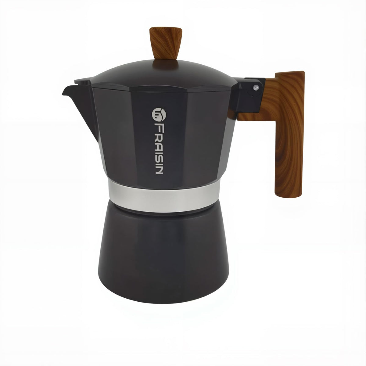 FRAISIN stovetop moka pot with black handle delivers rich coffee aroma