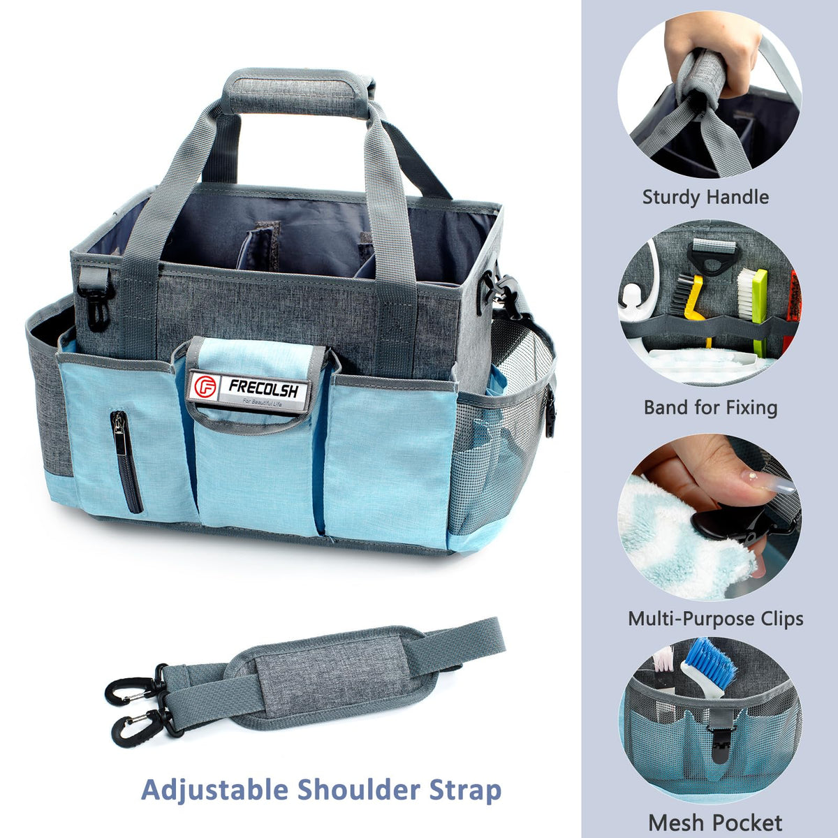 FRECOLSH cleaning caddy pockets and attachments hold brushes and pads