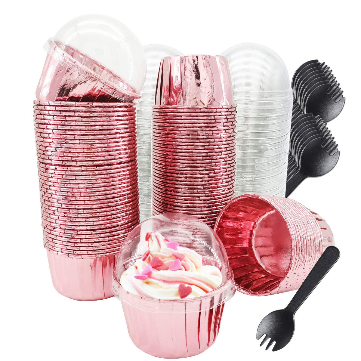 Free-Air cupcake liners with dome lids in a 100-pack for mess-free transport.