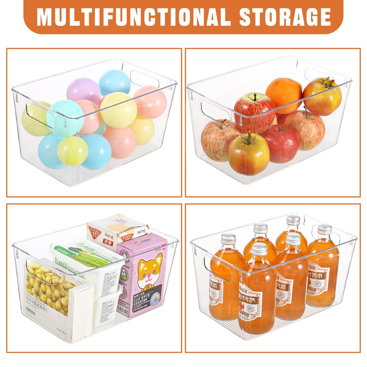 Freebat clear storage bin on shelf showing fruit and beverages at a glance